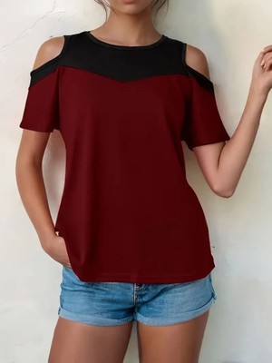Gökyüzü Moda Kadın Kısa Kollu Omuzlardan Açık Detaylı Çift Renkli Viskon Bluz