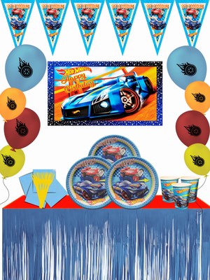 Hot Wheels Ateşli Tekerler Afişli Metalize Masa Etekli 8 Kişilik Doğum Günü Parti Malzemeleri Süsleri Seti