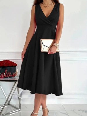 Gökyüzü Moda Kadın Ithal Krep Kumaş Kruvaze Yaka Eteği Kloş Kolsuz Mini Elbise