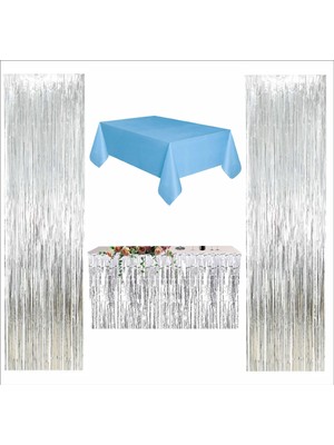Mavi Masa Örtüsü, Gümüş Masa Eteği, 2 Adet Gümüş Arka Fon Perde