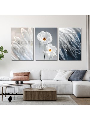GAAGART 3'lü Kanvas Duvar Tablosu Kuş Tüyü ve Çiçek Renkli 70 x 100 cm Modern Tasarım