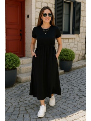 Gökyüzü Moda Kadın Kısa Kollu Bisiklet Yaka Belden Bağlamalı Önü Bağcık Detaylı Maksi Boy Viskon Elbise