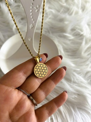 Badelis Çelik Plaka Model Nazar Boncuğu Detaylı Gold Kolye - Küçük