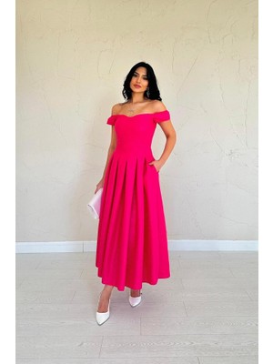 Gökyüzü Moda Fuşya Jakarlı Elbise