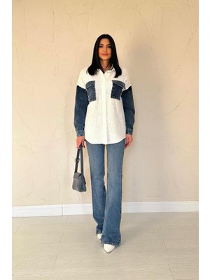 Gökyüzü Moda Ekru Kot Garnili Ceket