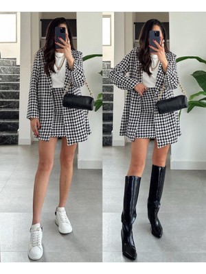 Gökyüzü Moda Kadın Kazayağı Desen Vatka Detay Kaban ve Yüksek Bel Etek Ikili Takım