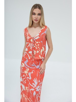 Gökyüzü Moda Bağcıklı Bluzlu Etek Takım - Kırmızı