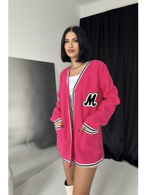 Gökyüzü Moda Fuşya Şeritli Bukle Hırka