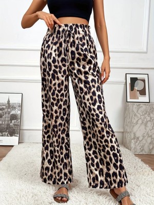 Gökyüzü Moda Kadın Yüksek Bel Beli Lastikli Bağcıklı Leopar Desenli Süprem Pantolon