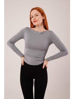 Gökyüzü Moda Yaka Detay Uzun Kollu Basic Gri Bluz