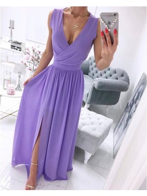 Gökyüzü Moda Kadın Şifon Kumaş V Yaka Sıfır Kol Maxi Boy Elbise