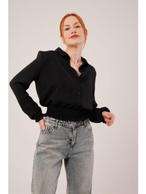 Gökyüzü Moda Bel ve Bilek Lastikli Siyah Bluz