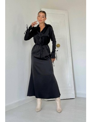 Gökyüzü Moda Siyah Biyeli Gömlek ve Etek Takım