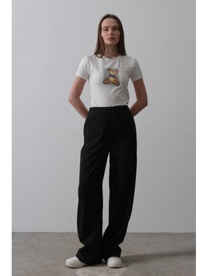 Gökyüzü Moda Beli Yarım Lastikli Palazzo Pantolon - Siyah-Beyaz