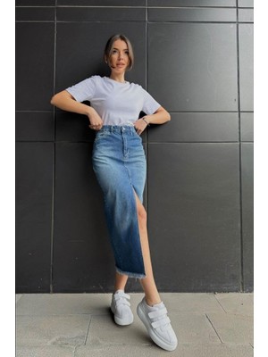 Gökyüzü Moda Mavi Yırtmaçlı Kot Etek