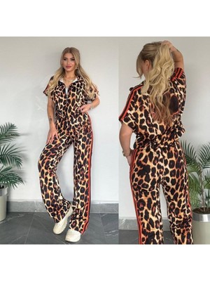 Gökyüzü Moda Kadın Dalgıç Kumaş Dijital Leopar Baskılı Şerit Detaylı Takım