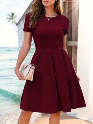 Gökyüzü Moda Kadın Kısa Kollu Bisiklet Yaka Önden Pile Detaylı Janjan Krep Elbise