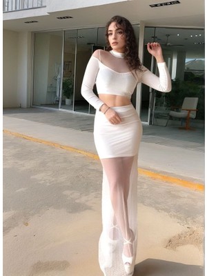 Gökyüzü Moda Kadın Balıkçı Yaka Transparan Dekolteli Fırsat Ürün Elbise