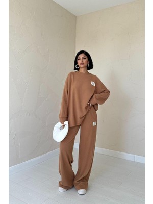 Gökyüzü Moda Camel Klasik Fitilli Kazak ve Pantolon Takım