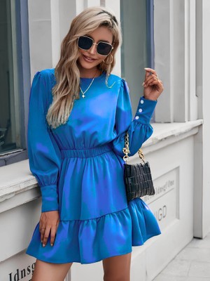 Gökyüzü Moda Kadın Uzun Kollu Bisiklet Yaka Beli Lastikli Fırfırlı Ithal Krep Elbise