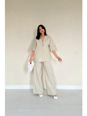 Gökyüzü Moda Bej Önü Tek Düğmeli Ceket Pantolon Takım