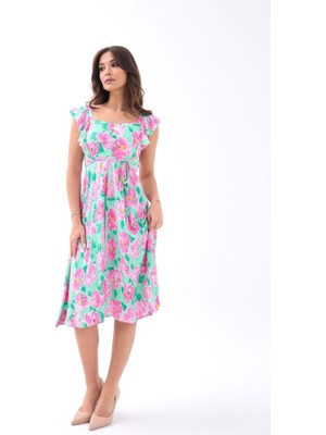 Gökyüzü Moda 5370 Elbise-Pembe Gül Desen