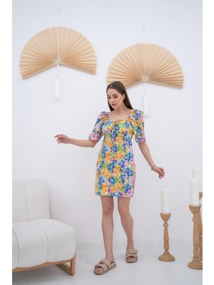 Gökyüzü Moda Desenli Boyundan Bağlamalı Desenli Elbise