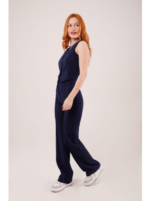 Gökyüzü Moda Ön Dikiş Detaylı Tek Düğme Lacivert Pantolon