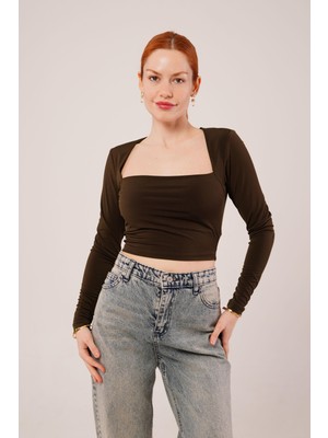 Gökyüzü Moda Kare Yaka Basic Kahverengi Bluz