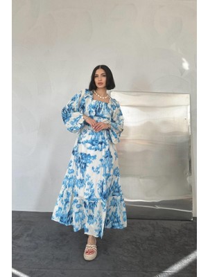 Gökyüzü Moda Mavi Arkası Gipeli Uzun Elbise