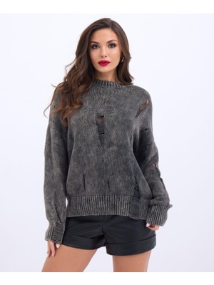 Gökyüzü Moda 43201 Triko Yırtıklı Salaş Kazak-Siyah