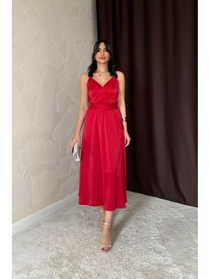 Gökyüzü Moda Kırmızı Taş Askılı Prenses Elbise