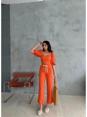 Gökyüzü Moda Keten Crop Karpuz Kol Bluz-Pantolon Hasır Kemerli - Orange