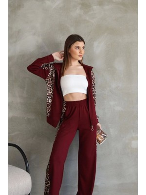 Gökyüzü Moda Osy Modal Yumuşak Dokulu Kumaş Kapüşonlu Leopar Desenli Fermuarlı Takım - Bordo
