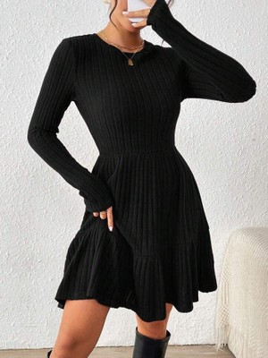 Gökyüzü Moda Kadın Uzun Kollu Bisiklet Yaka Kemersiz Eteği Pileli Şardonlu Kaşkorse Elbise