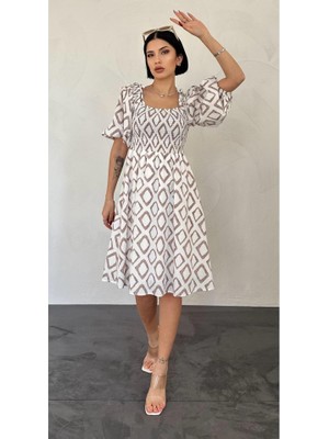 Gökyüzü Moda Vizon Kare Desenli Yazlık Elbise