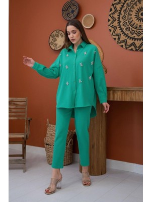Gökyüzü Moda Yeşil Gömleği Taşlı Fitilli Takım