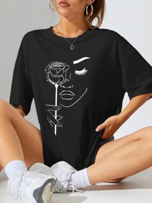 Gökyüzü Moda Baskılı Oversize T-Shirt - Siyah