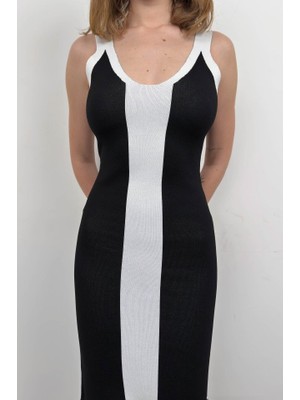 Gökyüzü Moda Çift Renk Yırtmaç Detay Elbise