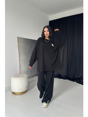 Gökyüzü Moda Siyah Klasik Fitilli Kazak ve Pantolon Takım