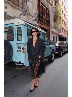 Gökyüzü Moda Siyah Çizgili Oversize Ceket