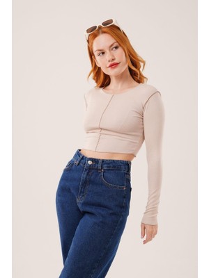 Gökyüzü Moda Ters Dikişli Basic Krem Body Bluz