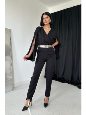 Gökyüzü Moda Siyah Yırtmaçlı Tulum