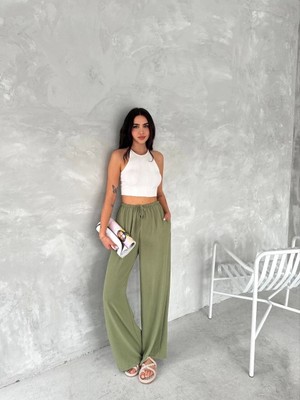 Toptan Fabrika Mint Yeşili Ayrobin Oversize Kadın Pantalon Keten Kumaş ile Casual Tarzda 2 Cepli Model