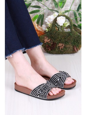 Fort 02003 Pienn Anatomik Esnek Rahat Taşlı Boncuklu Tek Tokalı Kadın Terlik