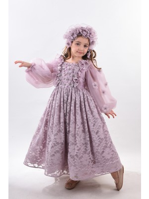 Özel Tasarım, 3 Boyutlu Çiçek Detaylı, Uzun Kollu, Saç Aksesuarlı Kız Çocuk ELBISESI_M2338