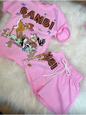 Kız Çocuk Bambi Yazlık Tişört Şort Pembe Ikili Takım