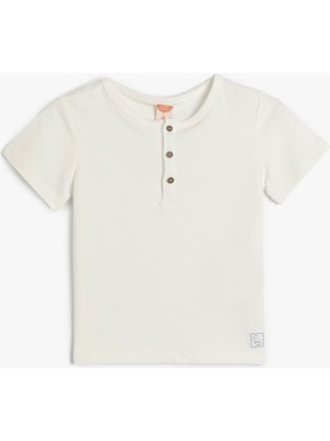 Koton Düğme Detaylı Pamuklu Bisiklet Yaka Kısa Kollu Tişört