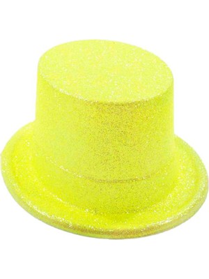 Floresan Sarı  Simli Uzun Fötr Melon Şapka 12 cm