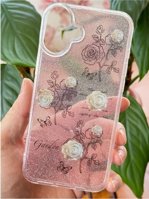 Fibaks Apple iPhone 16 Uyumlu Kılıf Simli Beyaz Gül Desenli Renkli Parlak Darbe Emici Kapak